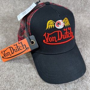 NWT Von Dutch Hat Embroidered SnapBack Red Trucker Hat Flying Eyeball Camo Mesh